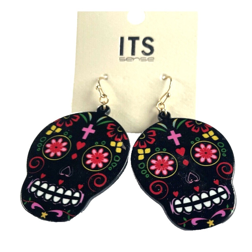 Dangling Hook Earrings Colorful Black Sugar Skulls